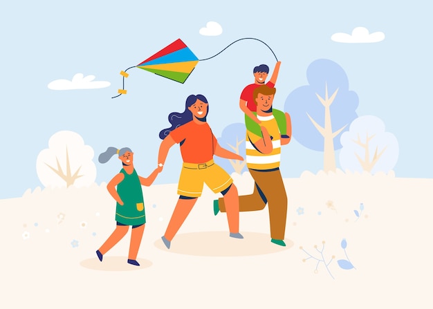 La famiglia nel parco lancia il kite. Padre, madre e figli Personaggi che corrono all'aperto, giocano con il giocattolo del vento nel fine settimana, vacanza, vacanza.