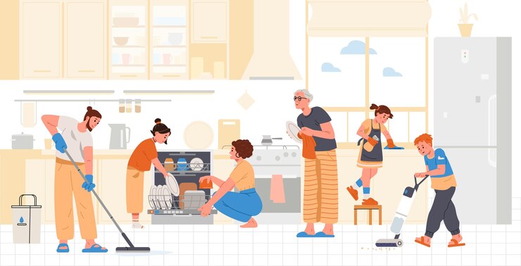 Vettore la famiglia pulisce la cucina la famiglia fa le faccende domestiche insieme