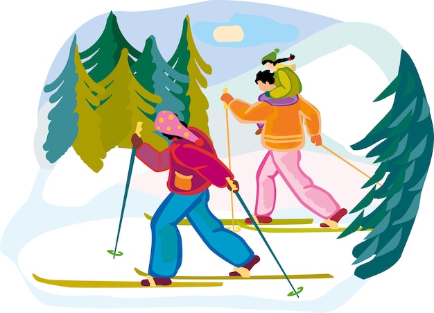 la famiglia sta sciando in montagna durante le vacanze illustrazione vettoriale