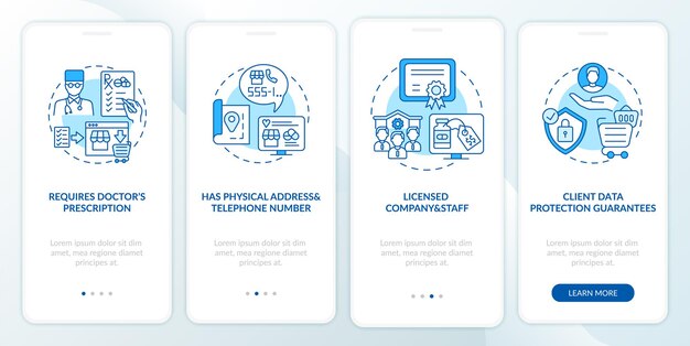 La farmacia online sicura firma la schermata della pagina dell'app mobile di onboarding con i concetti