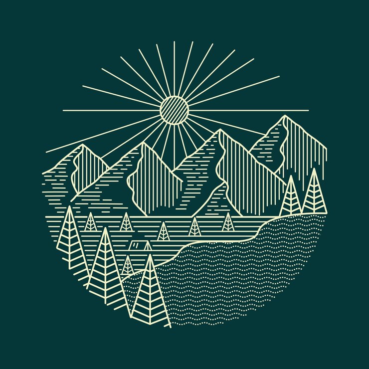 La fauna selvatica delle montagne e dei laghi in un design artistico al tratto mono