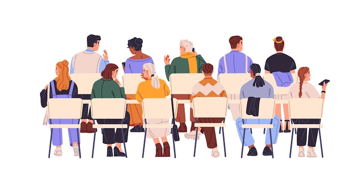 Vettore la folla si siede su file di sedie vista posteriore le persone sono sui sedili in conferenza di seminario comunicano il pubblico parla durante il concerto spettatori parlano durante la performance illustrazione vettoriale isolata piatta su sfondo bianco