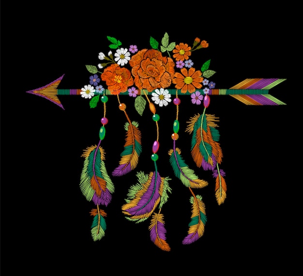 La freccia indiana americana natale delle piume di boho del ricamo fiorisce