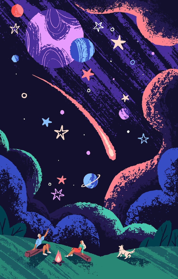 Vettore la gente alza lo sguardo al cielo stellato una coppia di amici con un cane seduti accanto al fuoco nel paesaggio del parco un uomo che indica con il dito i pianeti dell'universo le stelle cadenti sognando concetto illustrazione vettoriale piatta