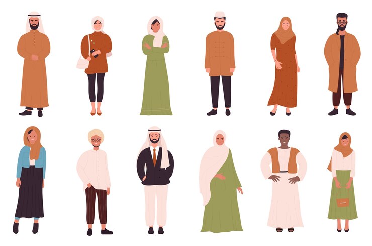Vettore la gente dei musulmani ha messo con i caratteri della donna dell'uomo musulmano giovane felice piatto del fumetto in vestiti differenti