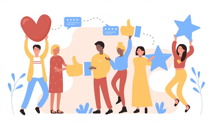 La gente del cliente esamina l'illustrazione di vettore, i caratteri felici piani dell'uomo o della donna del fumetto che tengono i simili del cuore di valutazione e il concetto delle stelle isolato su bianco