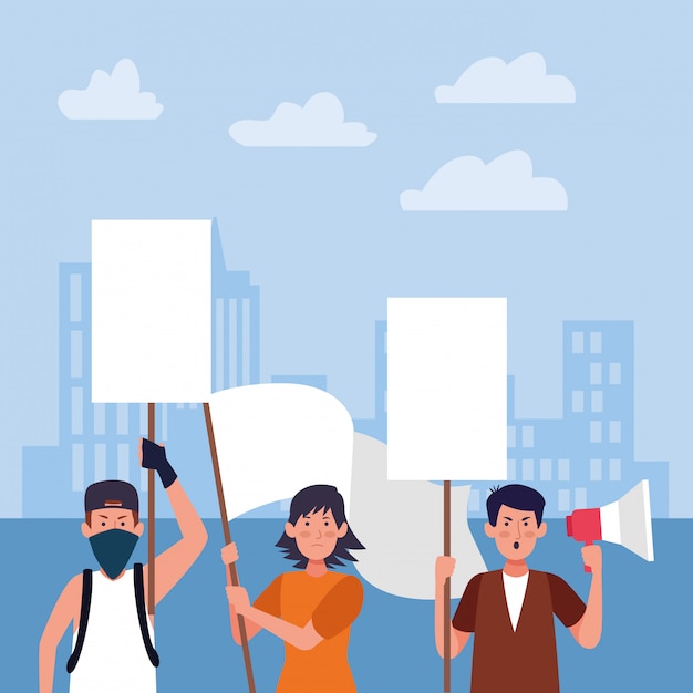 La gente del fumetto che protesta tenendo segni e megafono in bianco sopra le costruzioni urbane della città