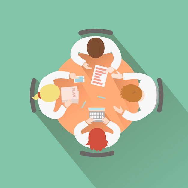 La gente del gruppo di vista superiore di concetto di lavoro di squadra di affari che ha una riunione di discussione e una sessione di "brainstorming"