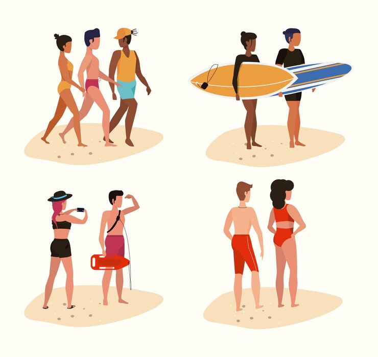 Vettore la gente della festa in spiaggia si diverte a disegnare il set di clipart delle coppie