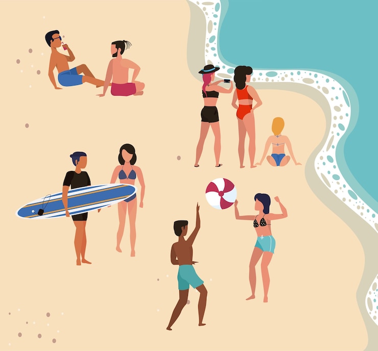 Vettore la gente della festa in spiaggia si diverte a disegnare lo sfondo delle vacanze illustrationxa