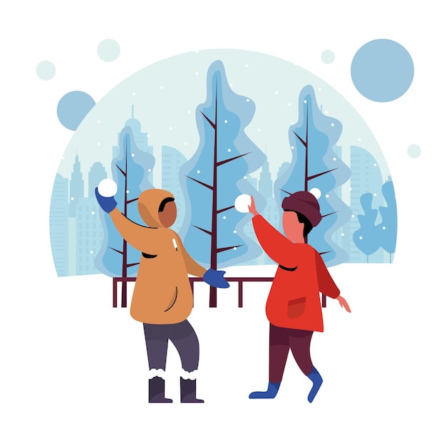 La gente di vacanze invernali si diverte nella neve che gioca a bambini illustrazione