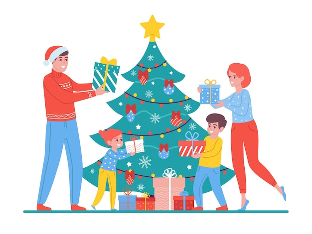 La gente fa i regali di Natale. Famiglia felice che decora l'albero di Capodanno per le vacanze insieme. Genitori e bambini carini dei cartoni animati si scambiano scatole regalo di Natale. Tradizionale festa invernale. concetto di vettore