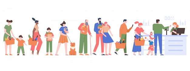 La gente la fila di generi alimentari. I personaggi affollano in attesa nella linea di cassa, i clienti in un supermercato, illustrazione di lunga coda di drogheria. Mercato alimentare della gente, cliente in supermercato