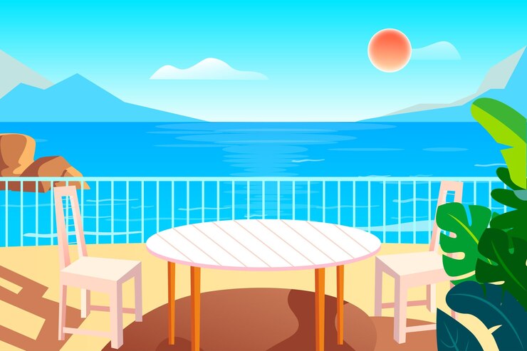Vettore la gente trascorre l'estate in spiaggia con il mare e le piante sullo sfondo illustrazione vettoriale