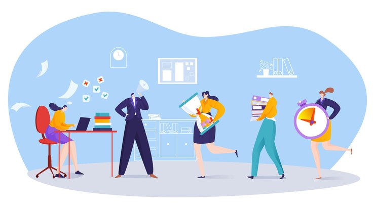 La gestione del tempo per l'impiegato dell'ufficio illustrazione vettoriale flat business manager man carattere sbrigati lavoratori donna correre con timer scadenza