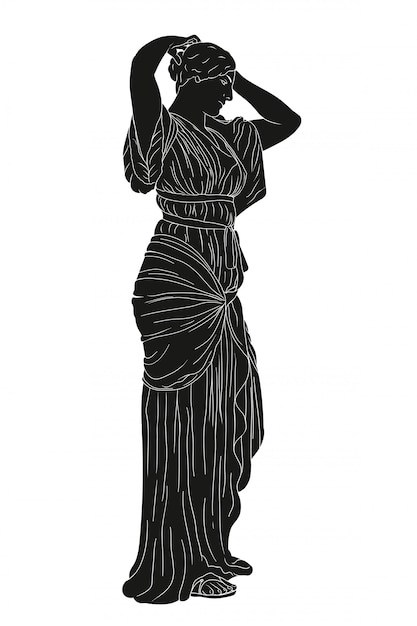 La giovane bella ragazza in una tunica raddrizza i suoi capelli. Disegno di vettore di stile del greco antico isolato su bianco