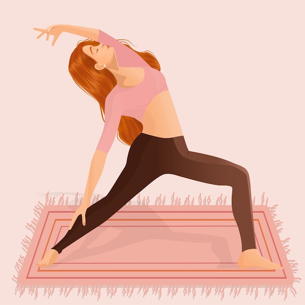 La giovane ragazza dai capelli rossi pratica la meditazione yoga ballando gli sport. Illustrazione vettoriale