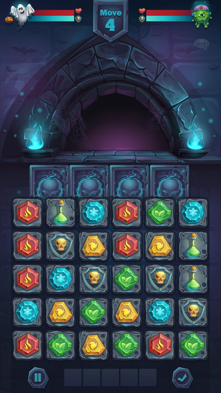 La GUI di battaglia del mostro ha aperto la porta del campo di gioco match 3 - finestra di formato mobile dell'illustrazione stilizzata di vettore del fumetto con i pulsanti delle opzioni, oggetti di gioco.