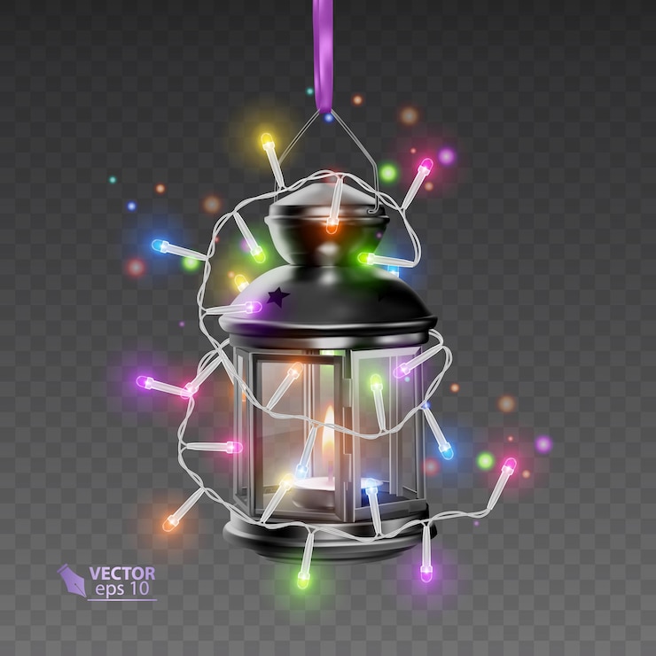 Vettore la lampada magica di colore nero, circondata da ghirlande luminose, lampada realistica su sfondo trasparente, illustrazione
