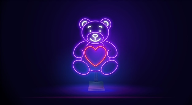 La linea al neon luminosa di un orsacchiotto è un'icona di peluche con un cuore sulla credenza isolato su ...