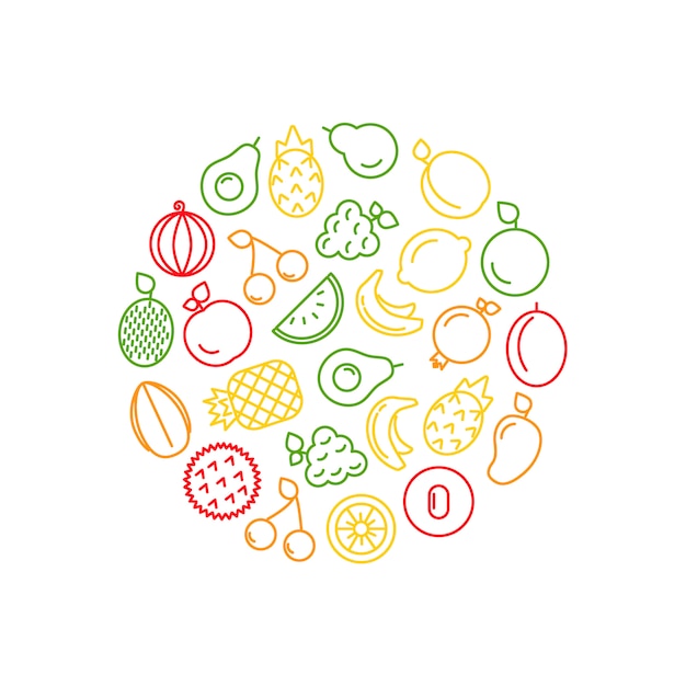 la linea fruttifica icone nell'illustrazione di forma del cerchio