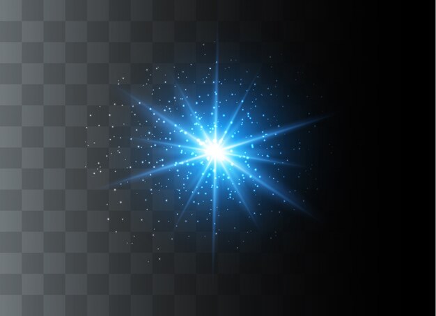 La luce blu incandescente esplode su uno sfondo trasparente. Particelle di polvere magica scintillante. Stella luminosa. Sole splendente trasparente, lampo luminoso. scintilla. Per centrare un flash luminoso.