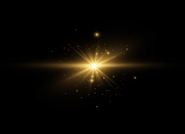 La luce gialla incandescente esplode su uno sfondo trasparente. Particelle di polvere magica scintillante. Stella luminosa.
