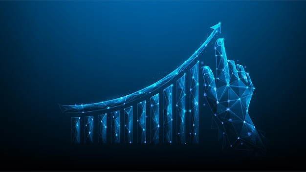 La mano che indica l'aumento del grafico aziendale verso il successo. crescita del grafico degli investimenti aziendali su blu scuro.