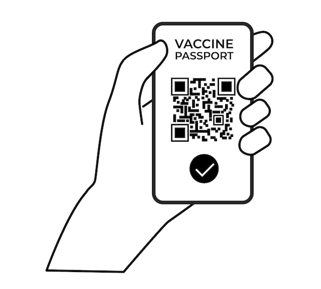 La mano che tiene il telefono mostra il codice QR del grafico a linee piatte della vaccinazione