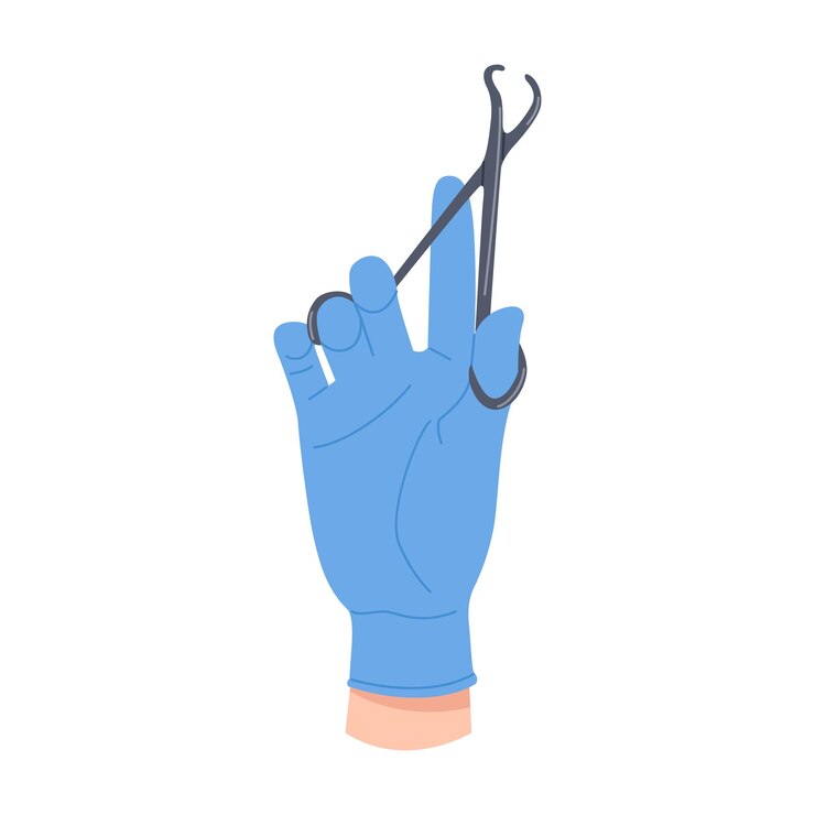 Vettore la mano del chirurgo con un guanto di lattice sterile che tiene le pinze chirurgiche