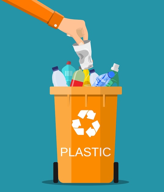 La mano dell'uomo getta i rifiuti in un contenitore di plastica Illustrazione vettoriale in stile piatto