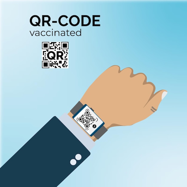 La mano di una persona mostra un certificato di vaccinazione digitale su uno smartwatch. QR Code.