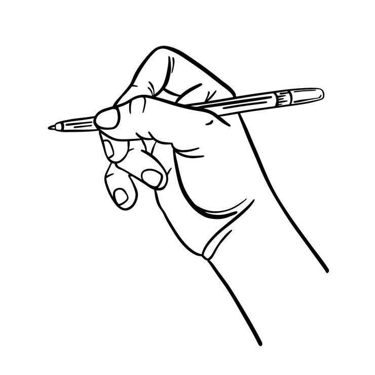 Vettore la mano femminile con lo stile dello schizzo a penna il designer crea il suo disegno la mano tiene il vettore monocromatico a matita