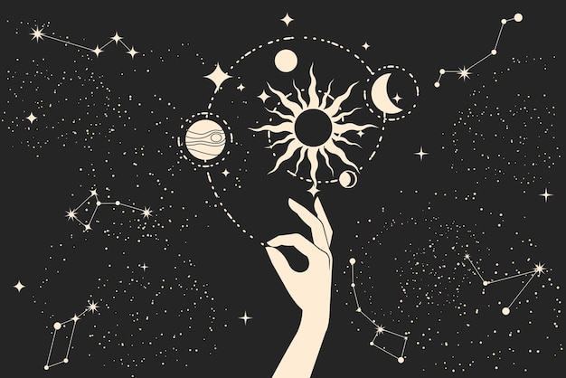 La mano magica tiene la costellazione a spirale della galassia nello spazio del cielo notturno e il vettore di stregoneria astrologica