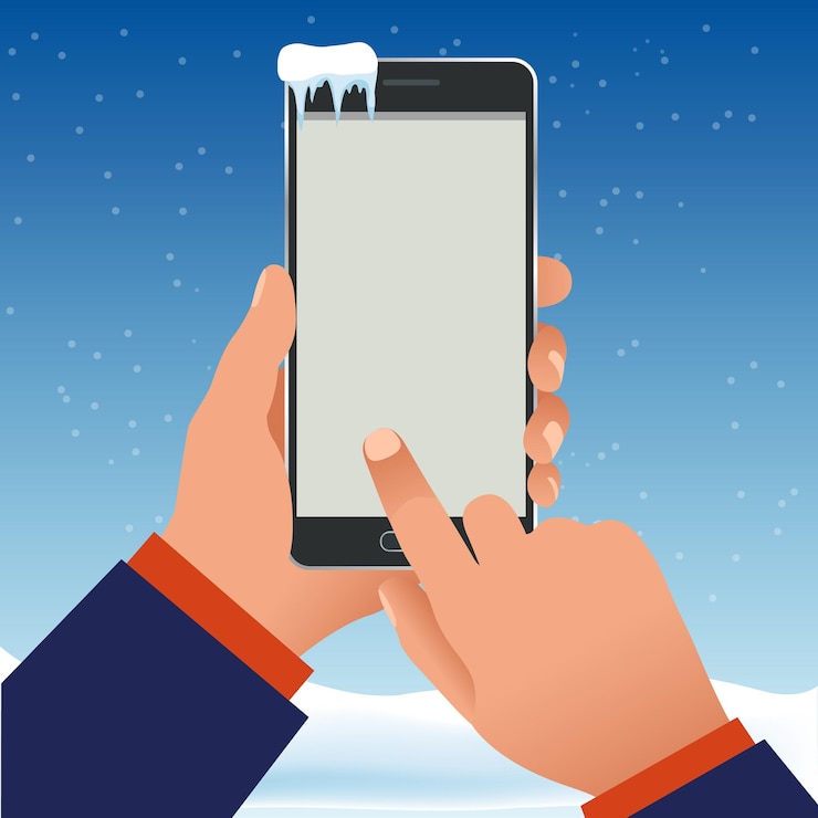 Vettore la mano maschile tiene un telefono fuori nel gelo in inverno. illustrazione vettoriale dello smartphone con schermo vuoto.