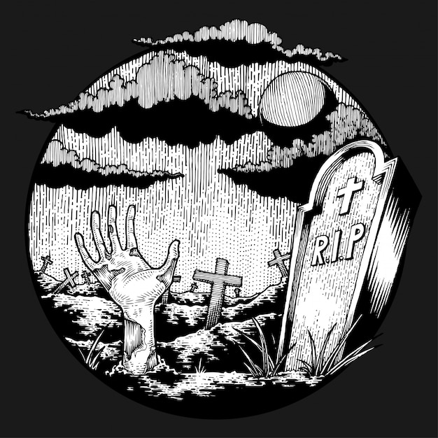 La mano raccapricciante del non morto si presenta sul cimitero spaventoso, illustrazione disegnata a mano