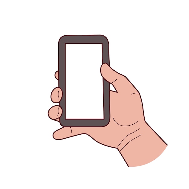 La mano tiene uno smartphone Schizzo disegnato a mano isolato su sfondo bianco Illustrazione vettoriale