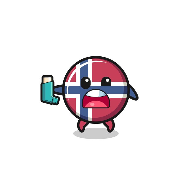 La mascotte della bandiera della Norvegia ha l'asma mentre tiene il design carino dell'inalatore