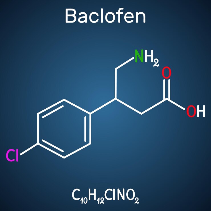 Vettore la molecola di baclofene c10h12clno2 è un farmaco con formula chimica strutturale sullo sfondo blu scuro