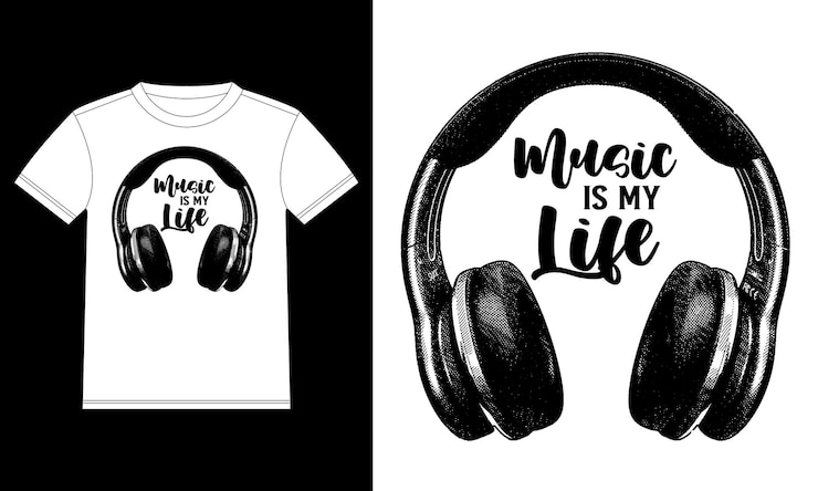 Vettore la musica è la mia vita disegnata a mano con le cuffie. modello di design della maglietta, adesivo per finestrino dell'auto, pod, baia