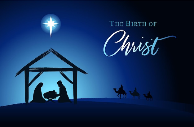 La nascita di Cristo, Presepe con Sacra Famiglia. Maria, Giuseppe, Gesù e i Magi. Carta vettoriale