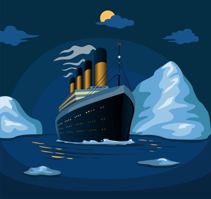 La nave da crociera Titanic naviga nel mare con gli iceberg nella notte
