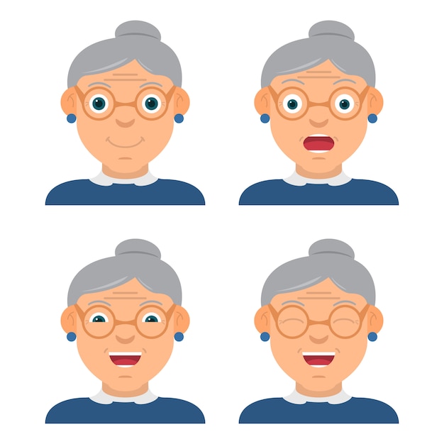 La nonna divertente che indossa gli occhiali il personaggio con diverse emozioni e uno sguardo.
