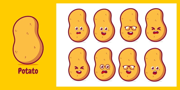 Vettore la patata sorridente felice sveglia si destreggia con le patate fritte. isolato su sfondo bianco. personaggio dei cartoni animati vettoriali