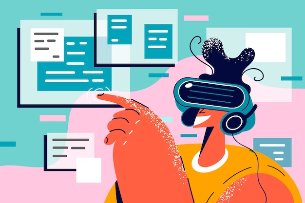 La persona sorridente con gli occhiali vr esplora la tecnologia