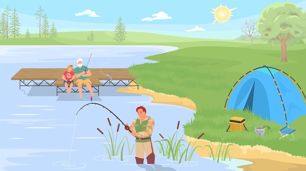La pesca in famiglia trascorre del tempo insieme al vettore dei cartoni animati