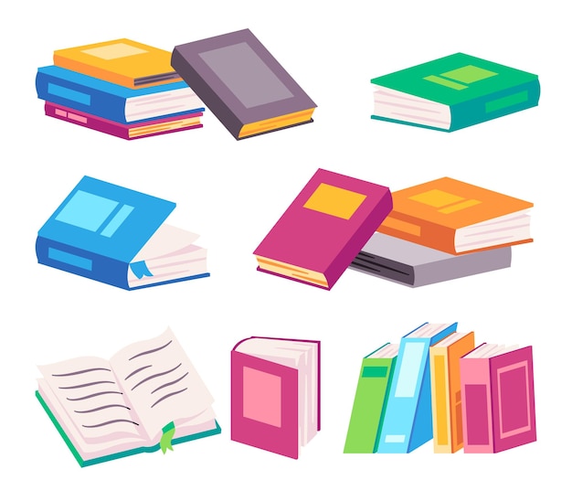 La pila di libri contiene dizionario di libri di testo in stile colorato alcuni aperti mod cartone animato piatto