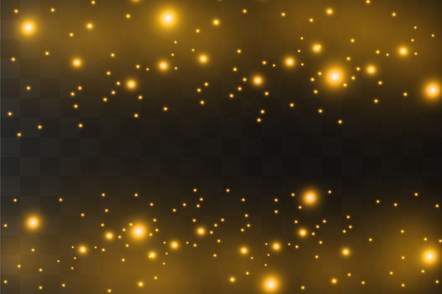 La polvere scintilla e le stelle dorate brillano di luce speciale. Particelle di polvere magica scintillante. brilla su uno sfondo trasparente. Effetto luce di Natale.