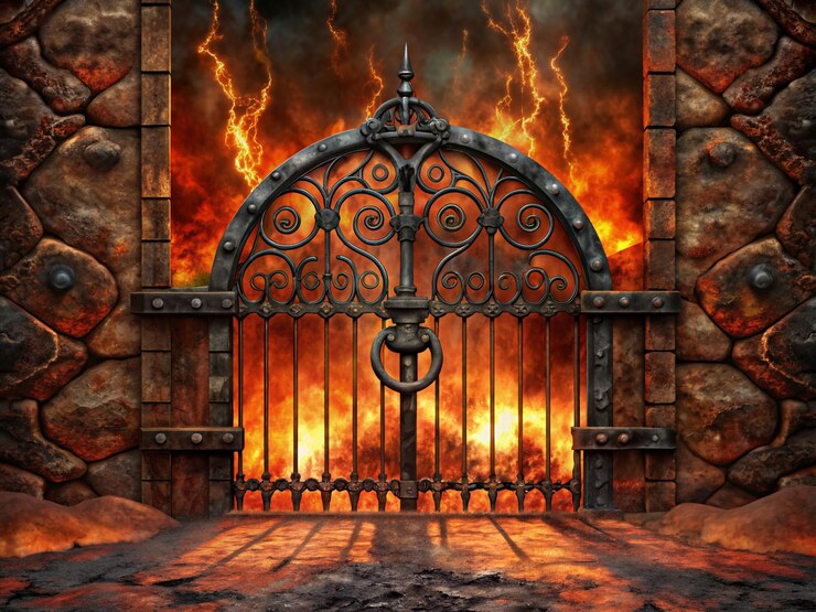 Vettore la porta di ferro ornata che porta all'inferno