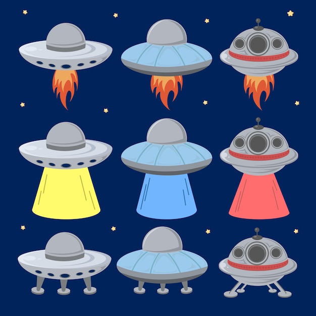 La posizione di atterraggio stabilita dell'illustrazione dell'ufo vola via dal fuoco ed emette luce sotto di essa